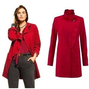CABI Red Houndstooth Celebration Ruffle Detail Long Coat Size XS